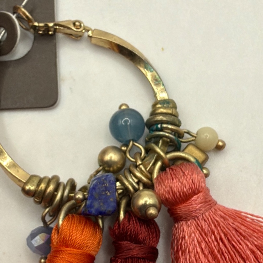 NWT Chicos Multicolor Tassel Hoop Drop Dangle Earrings Boho Hippie Orange Pink - Picture 3 of 8
